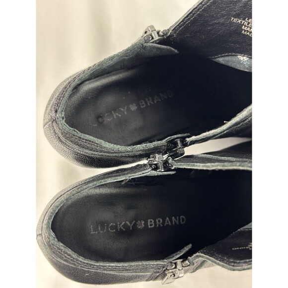 Lucky Brand Natlee Leather Ankle Booties Black 8 Stacked Heel Lug Sole Zip - Picture 7 of 12